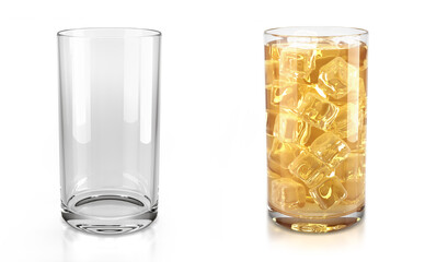 Set of glasses of fruit juice on white background. One clear empty glass and one glass with grape juice and ice cubes. 3d illustration