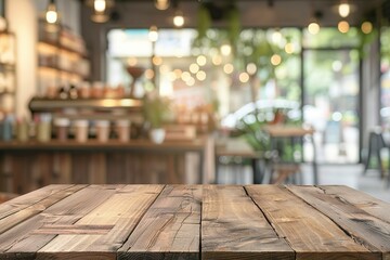 Wooden board empty Table Top And Blur stylish interior over blur in coffee shop Background, Mock up for display of product.