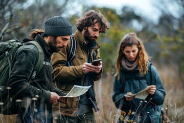 Three hikers navigate through a forest using maps and a smartphone, blending adventure with modern technology and teamwork.