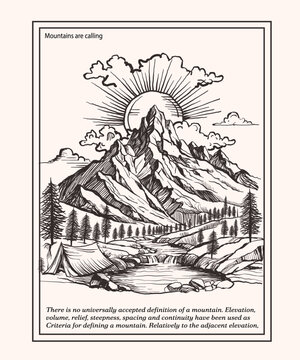 hand drawn Mountain background vector. Black and white mountain line arts wallpaper, Minimal landscape art with watercolor brush and golden line art texture. invitation background, print. Vector 
