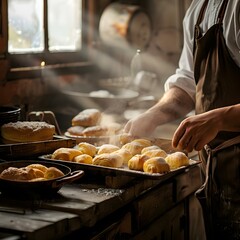 Cooking and baking A baker preparing a tray of freshly