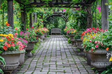 A charming garden pathway lined with ornate planters filled with colorful flowers, leading to a quaint wooden bench nestled under a trellis