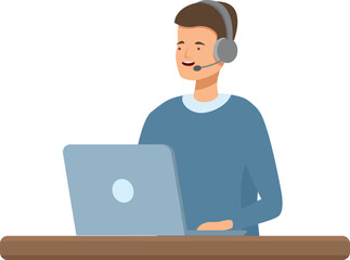 Illustration of a smiling customer service agent working on a laptop with a headset