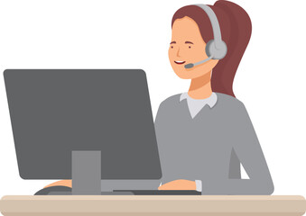 Illustration of a smiling female call center agent with headphones working on a computer