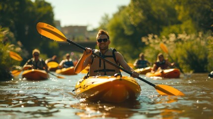 Diverse group kayaking on a city river
