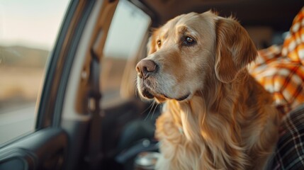 A golden retriever looks out of a car window with a thoughtful expression