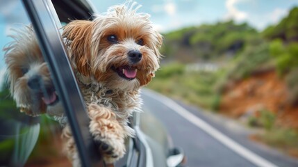 A joyful small dog sticks its head out of a car window
