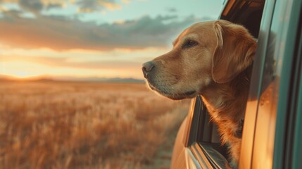 Labrador retriever leans out of a car window, taking in the fresh air 