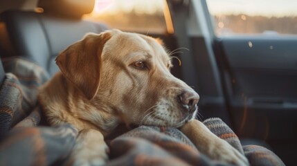 Labrador retriever rests on a blanket in the backseat of a car