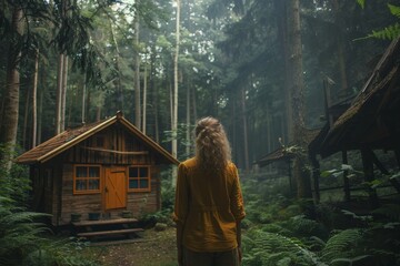 A woman stands in front of a small wooden cabin in a forest - Powered by Adobe