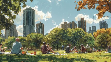 Diverse group enjoying a city picnic