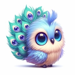 Fototapeta premium Cute Green Blue Owl with Peacock Feathers, Adorable Blue-Eyed Owl Sublimation Design, Whimsical Owl and Peacock Hybrid Image, Fantasy Owl with Vibrant Peacock Tail Art 