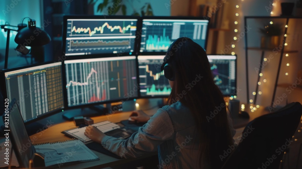 Poster person making notes while analyzing financial charts on a dual-monitor setup.