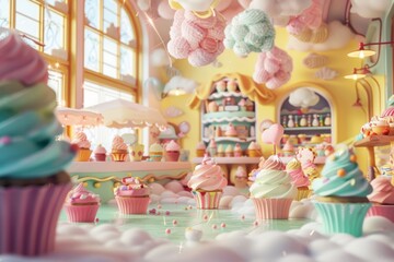 Fototapeta premium Fantasy Pastry Shop with Floating Cupcakes - Whimsical Bakery Environment for Posters, Cards, and Prints