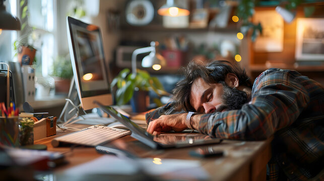 Creative Workspace: Graphic Designer Asleep on Tablet   Illustrating Long Hours and Dedication to Producing Visual Content