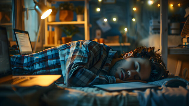 Creative Workspace: Graphic Designer Asleep on Tablet, Symbolizing Dedication to Visual Content Production   Photo Realistic Stock Concept