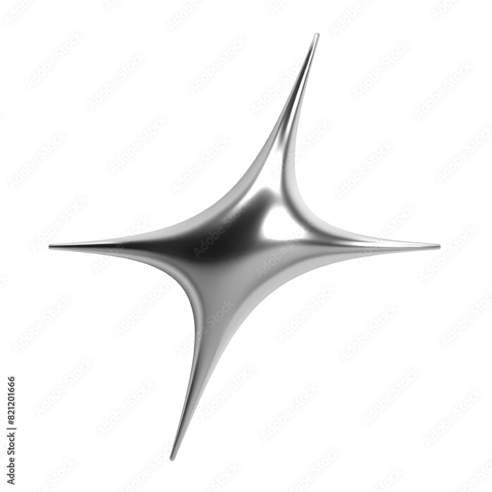 Poster 3d y2k chrome abstract shape of a star with four spikes, spark or flash, shiny metallic glossy silve
