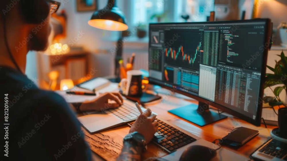 Aufkleber person writing notes while analyzing stock charts on a dual-monitor setup.