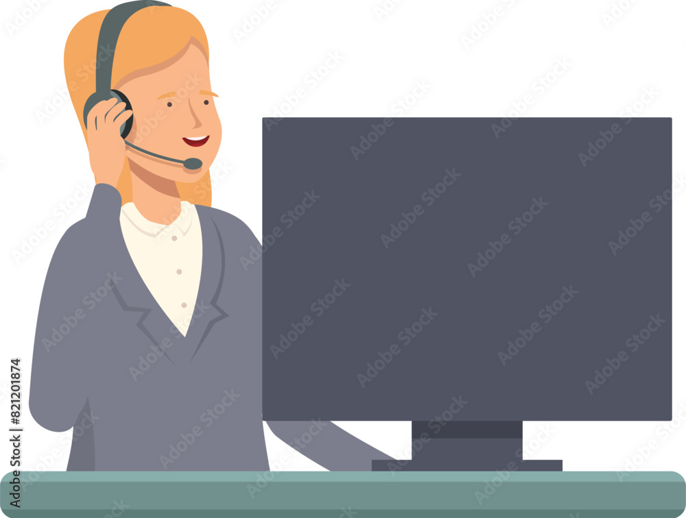 Poster smiling customer support agent with a headset working in front of a computer monitor