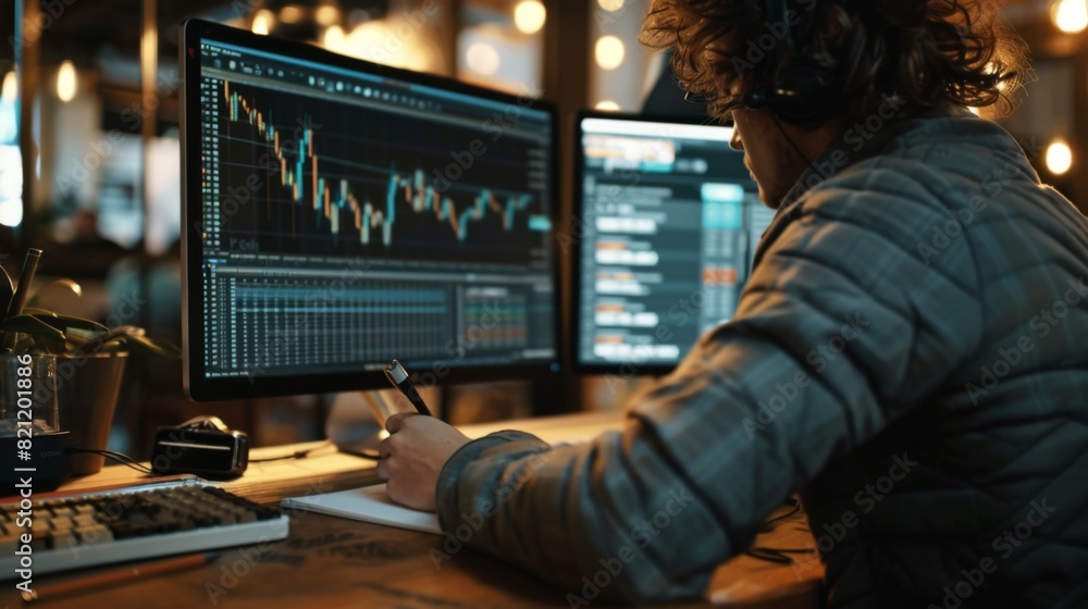 Poster Person writing notes while analyzing stock charts on a dual-monitor setup.