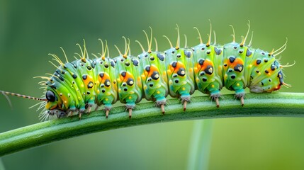  caterpillar perched on a green stem. The caterpillar is adorned with a myriad of colors, including shades of green, yellow, and orange, with distinct black spots and patterns