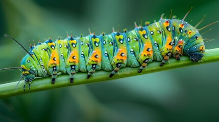  caterpillar perched on a green stem. The caterpillar is adorned with a myriad of colors, including shades of green, yellow, and orange, with distinct black spots and patterns