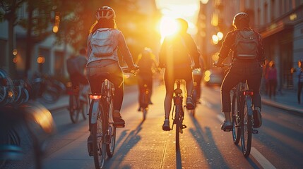 Group of friends taking a sunset city bike ride