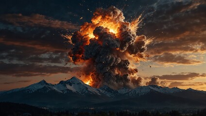 A large explosion in the sky over a mountain range,.