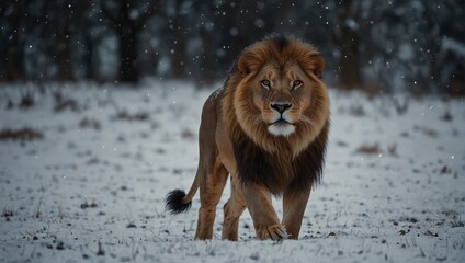 A lion walking through the snow in a field,.