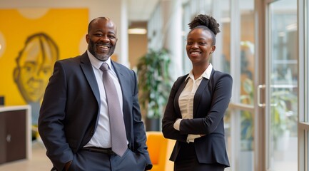 smiling black businessman and businesswoman in a suit standing, on a office interior background. Business success concept. a male manager and a female director in a modern office space. generative AI