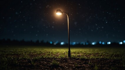 A lone street light in the middle of a field at night,.