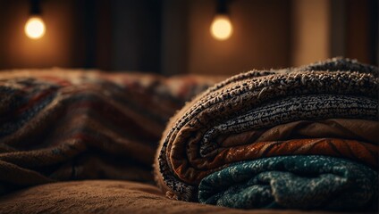 A close up of a pile of blankets on the couch,. - Powered by Adobe