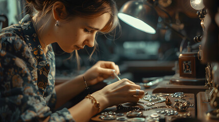 Photo realistic of a woman immersed in jewelry making, showcasing the intricate craftsmanship and creativity involved in this artistic hobby