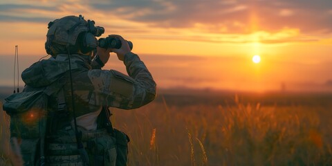 A military soldier in camouflage uniform observes the horizon through binoculars at sunset, on lookout