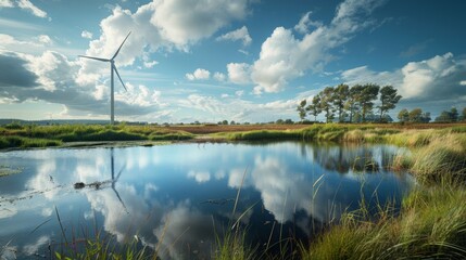 A wind turbine is in the distance behind a body of water