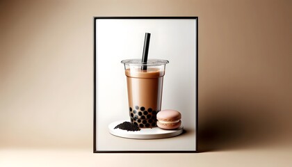 Poster mockup featuring a cup of bubble tea with a black straw, accompanied by a pink macaron and loose tea leaves on a beige background, ideal for branding.
