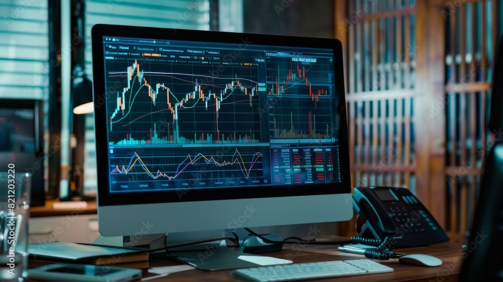 Aufkleber Professional workspace with a large computer monitor displaying detailed stock charts.