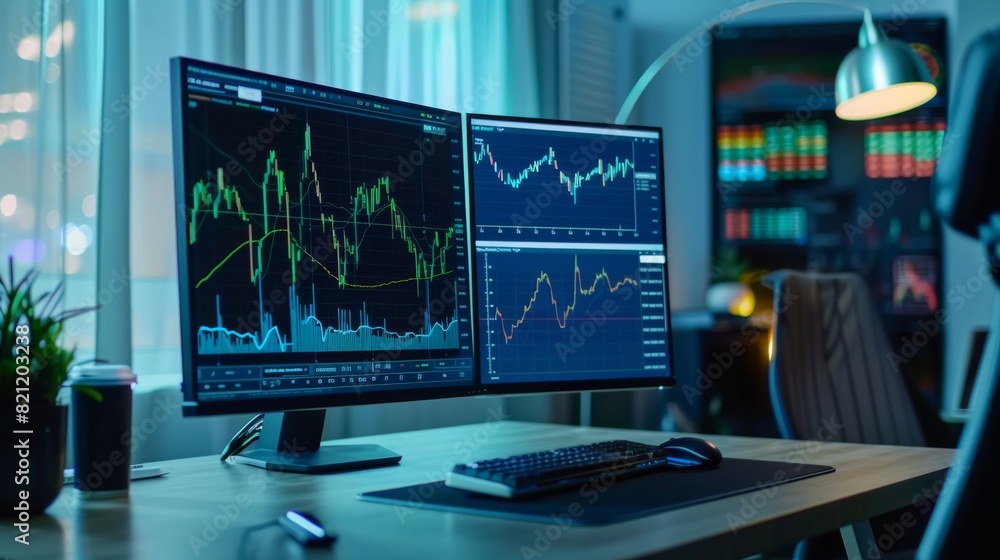 Aufkleber Professional workspace with a large computer monitor displaying detailed stock charts.