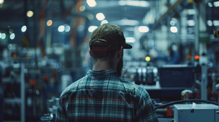 A man in a plaid shirt and hat operates a machine in a factory.