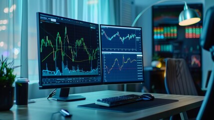 Fototapeta premium Professional workspace with a large computer monitor displaying detailed stock charts.