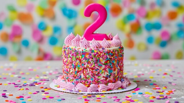 Colorful Second Birthday Cake with Pink Number 2 and Rainbow Sprinkles for Fun Party Celebrations