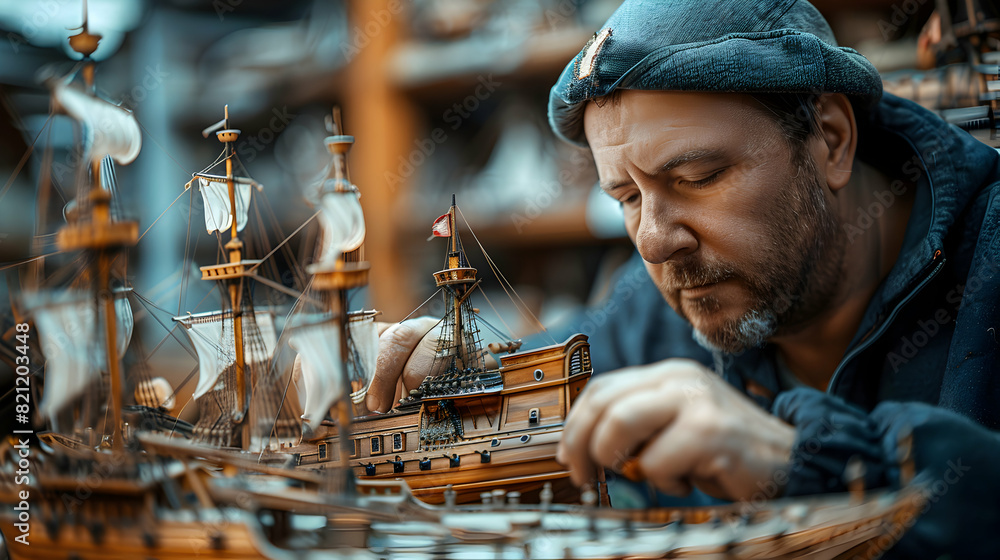 Poster model ship building enthusiast: a man crafting intricate models with patience and precision to prese