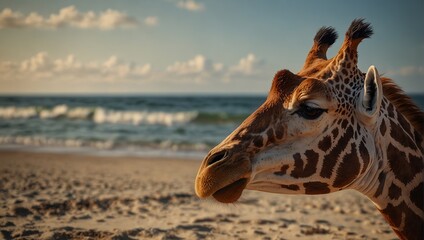 Obraz premium A giraffe relaxing on a beach on a summer vacation.