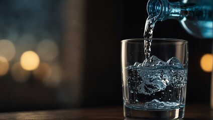 A glass of water being poured into a bottle with ice,.