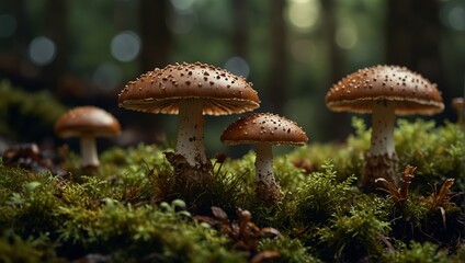 Fototapeta premium A group of brown mushrooms growing on moss in a forest.