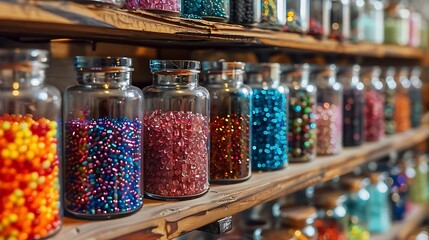 A shelf lined with jars of colorful glass beads for jewelry-making