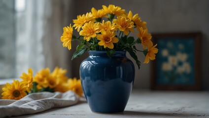 A group of yellow flowers in a blue vase on top of white table,.