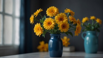 A group of yellow flowers in a blue vase on top of white table,. - Powered by Adobe
