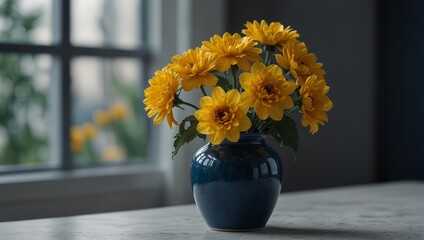 A group of yellow flowers in a blue vase on top of white table,. - Powered by Adobe