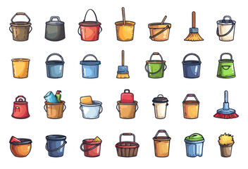 Cartoon Tools and Buckets for Wet Cleaning Simple Vector Illustration on White Background. Cleaning Supplies, Household Equipment, Mop and Bucket, Janitorial Tools, Housekeeping Icons, Floor